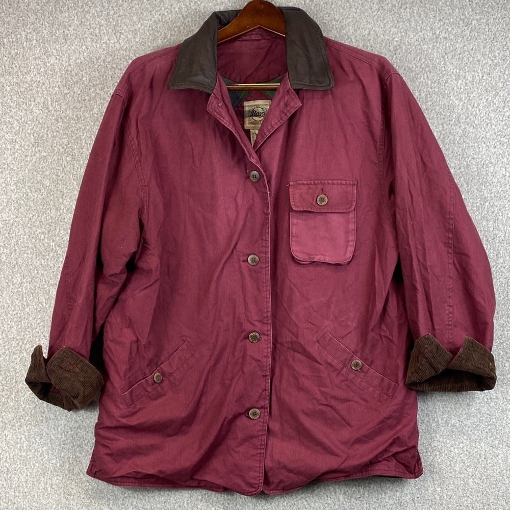 Vtg Bass chore coat L leather collar corduroy flip cuffs burgundy wine cotton